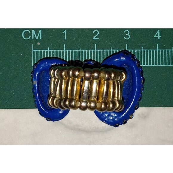Vintage Cobalt Blue Bow Stretch Ring Enameled Rhinestone Encrusted Silver Tone - Picture 7 of 9